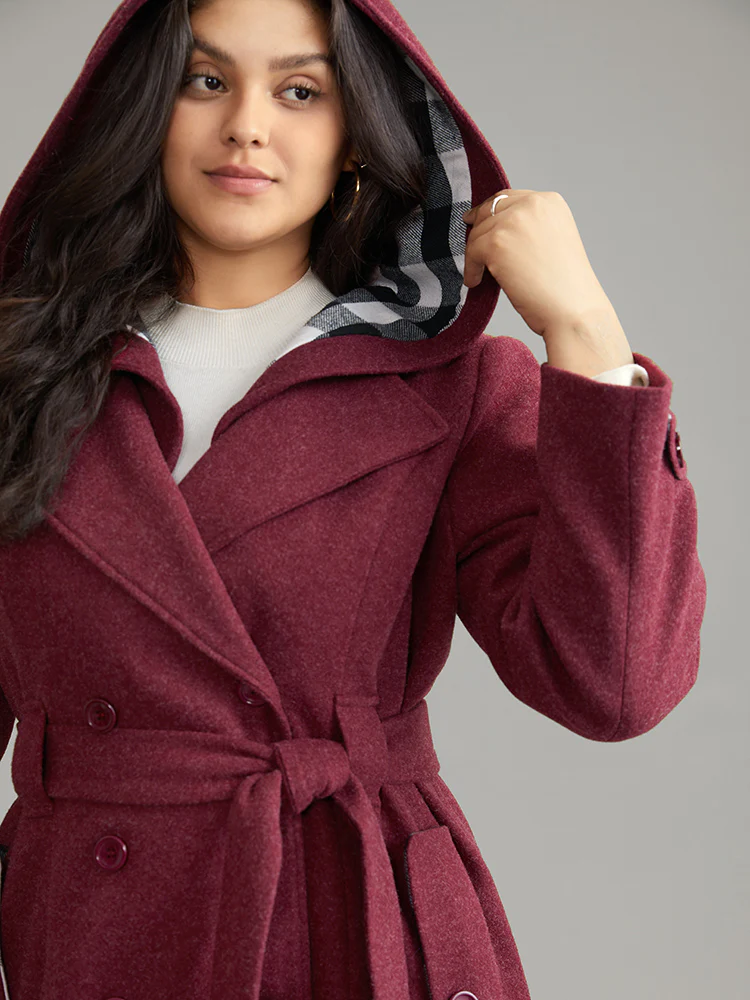 Plaid Patchwork Double Breasted Belted Hooded Coat - Image 4