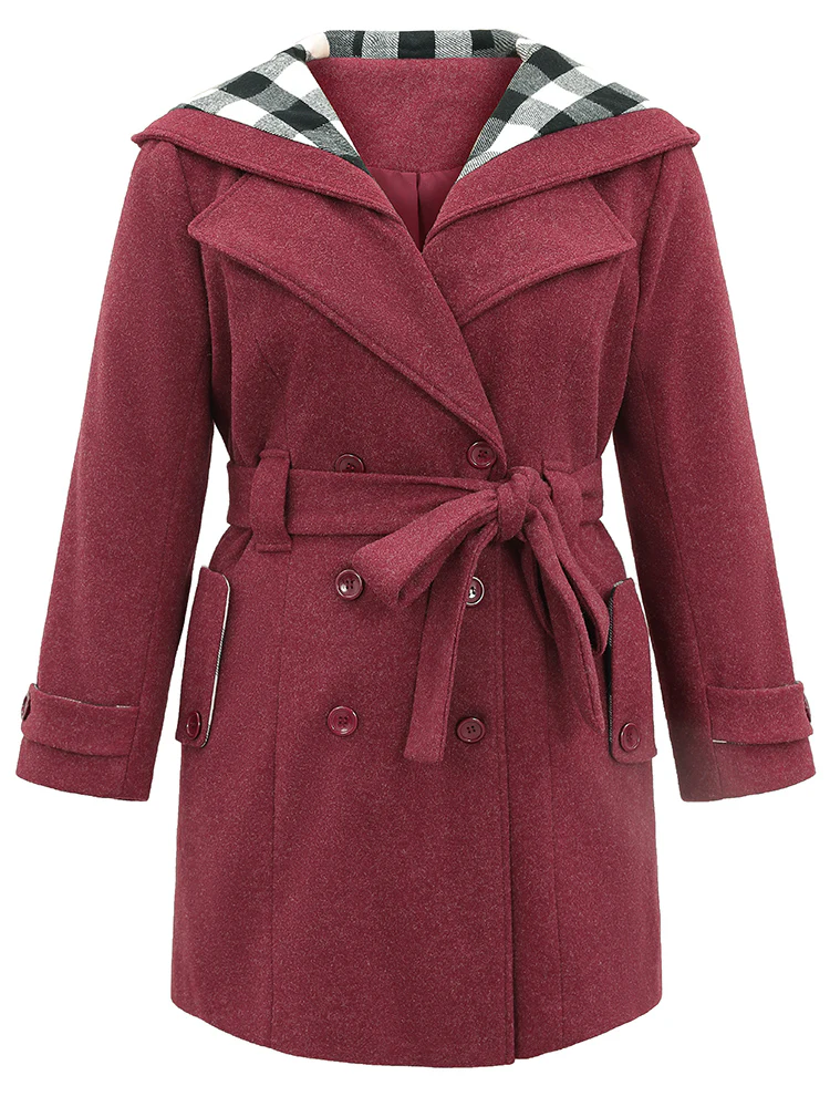Plaid Patchwork Double Breasted Belted Hooded Coat - Image 5