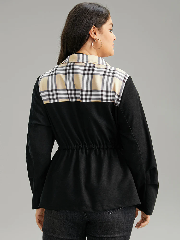 Plaid Patchwork Drawstring Zipper Fly Flap Pocket Coat - Image 2