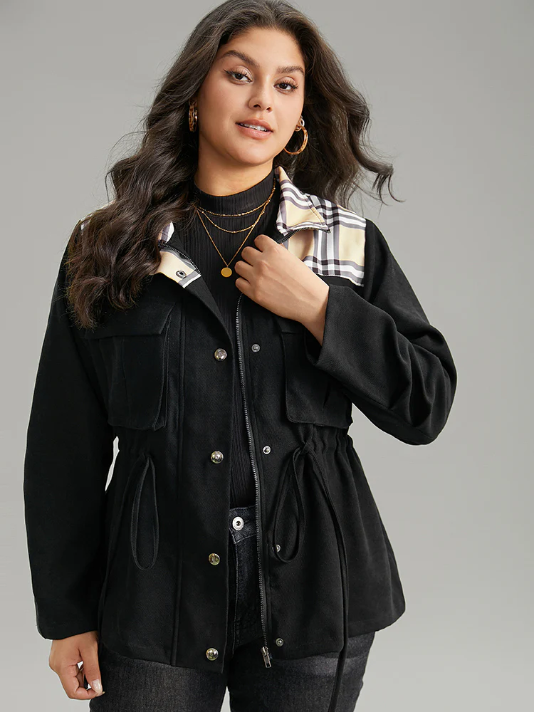 Plaid Patchwork Drawstring Zipper Fly Flap Pocket Coat - Image 3