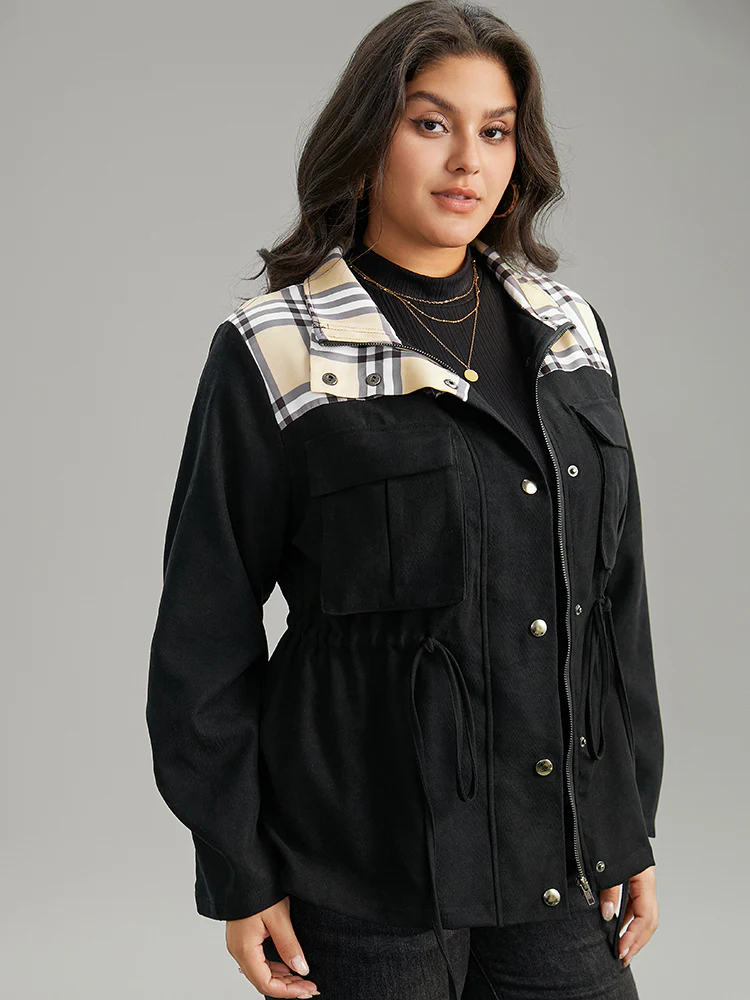 Plaid Patchwork Drawstring Zipper Fly Flap Pocket Coat - Image 5