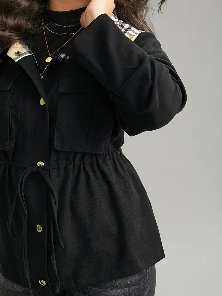 Plaid Patchwork Drawstring Zipper Fly Flap Pocket Coat - Image 6