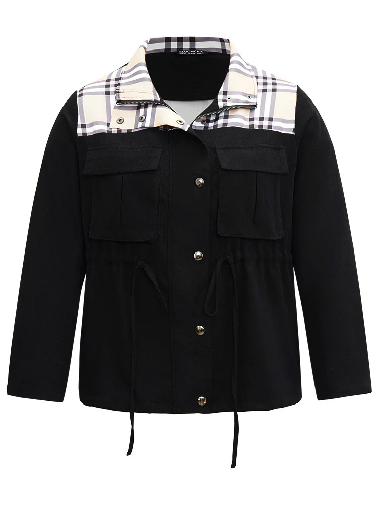Plaid Patchwork Drawstring Zipper Fly Flap Pocket Coat - Image 7