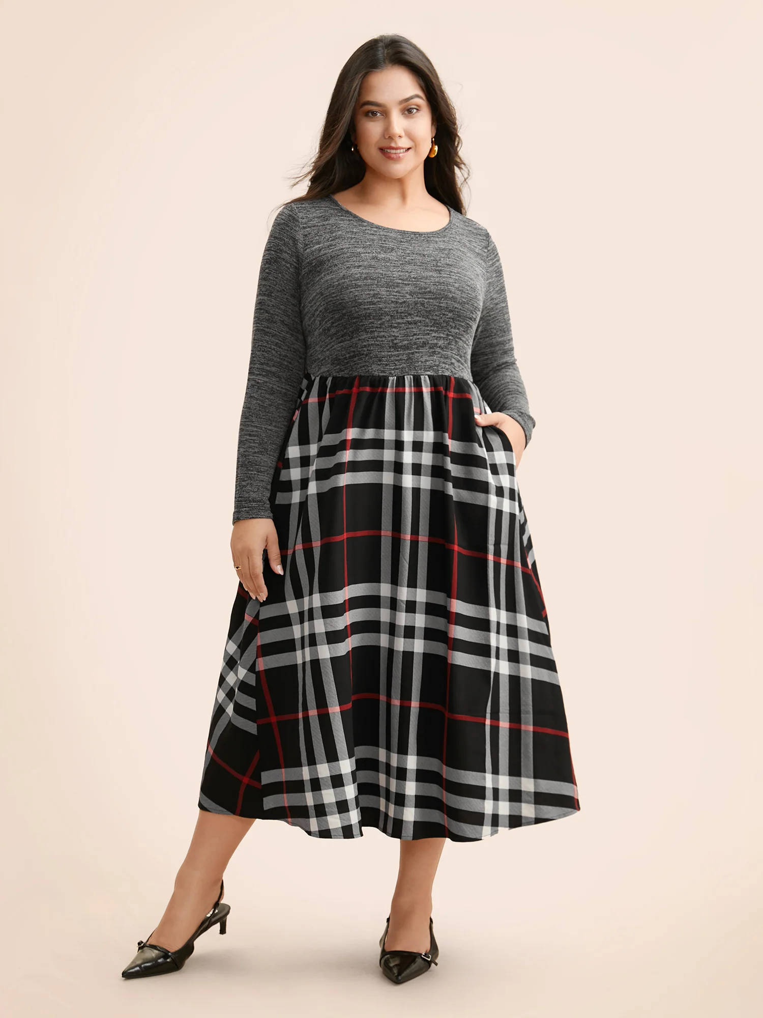 Plaid Patchwork Elastic Waist Dress - Image 3