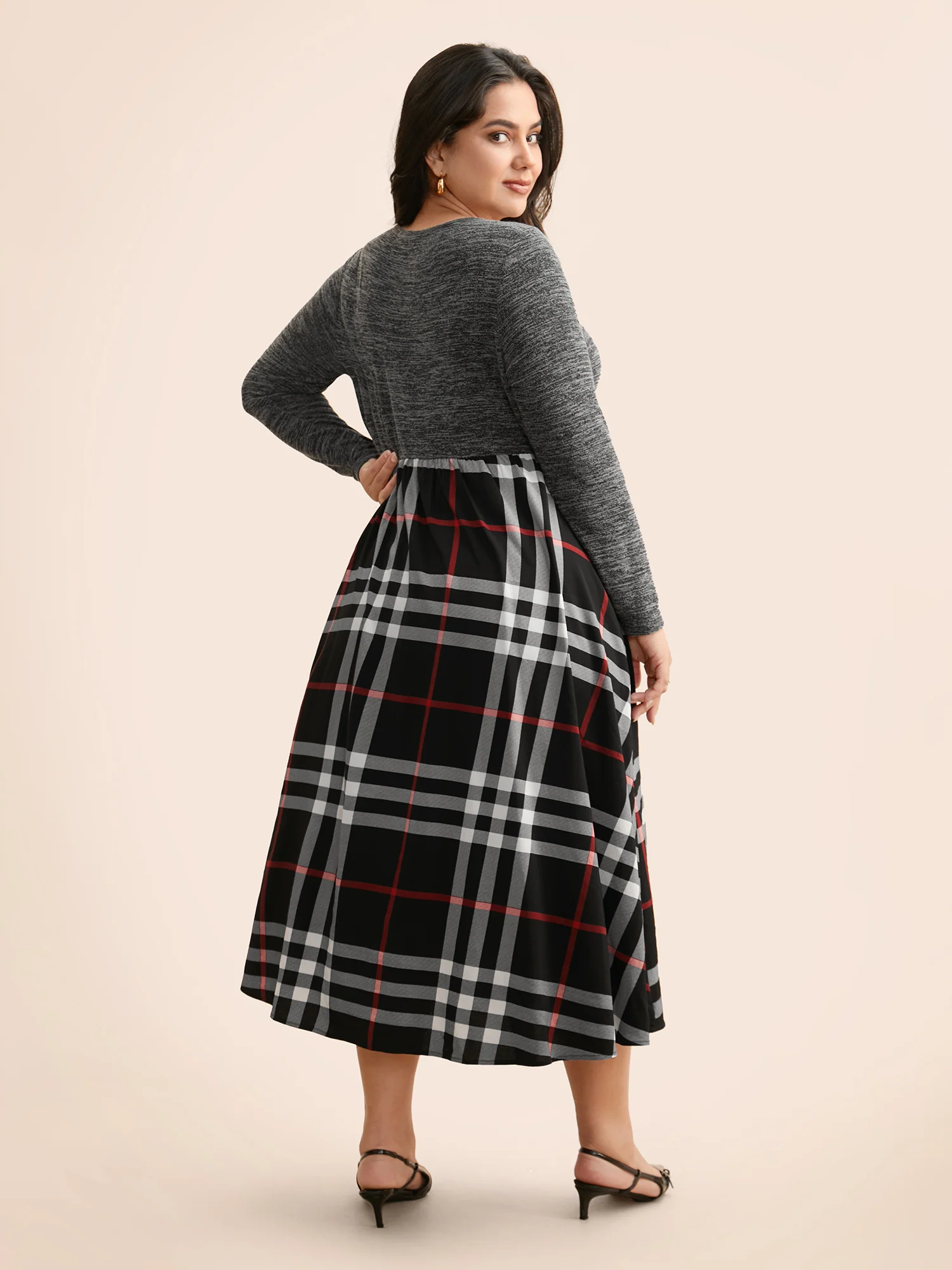 Plaid Patchwork Elastic Waist Dress - Image 4