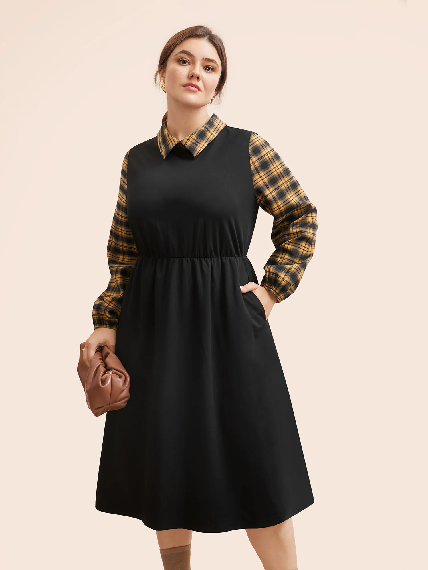 Plaid Patchwork Elastic Waist Midi Dress