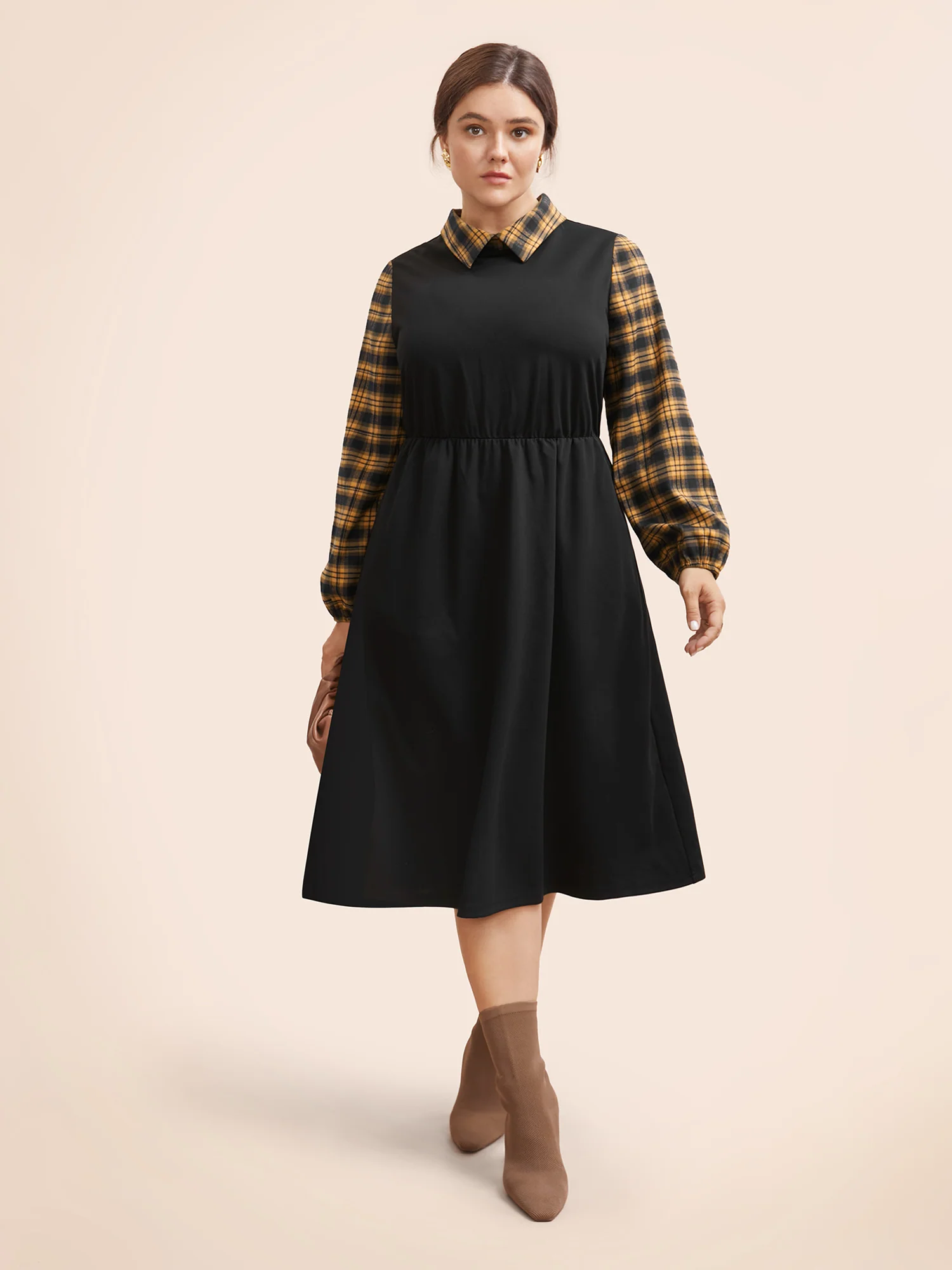 Plaid Patchwork Elastic Waist Midi Dress - Image 2