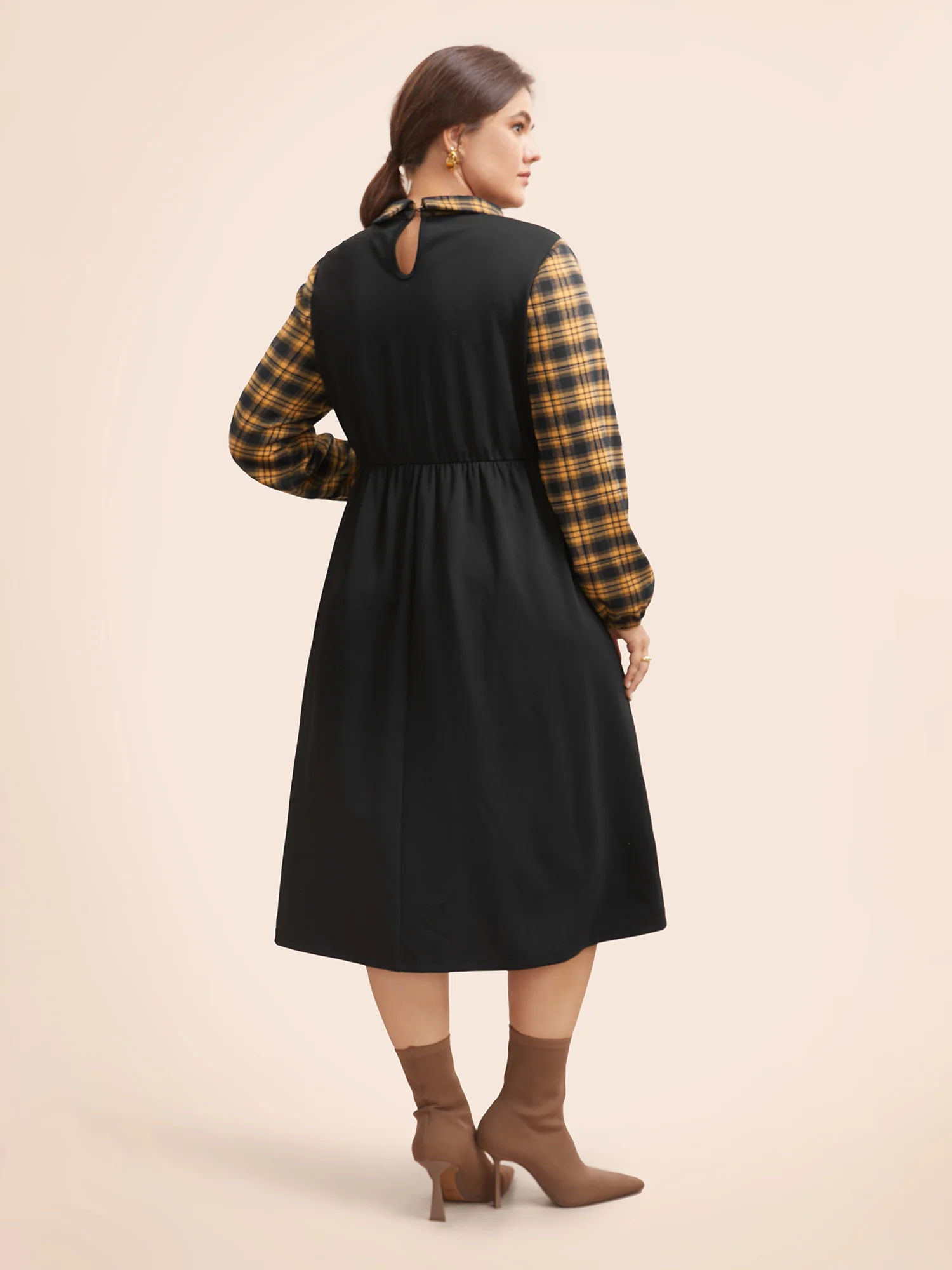 Plaid Patchwork Elastic Waist Midi Dress - Image 3