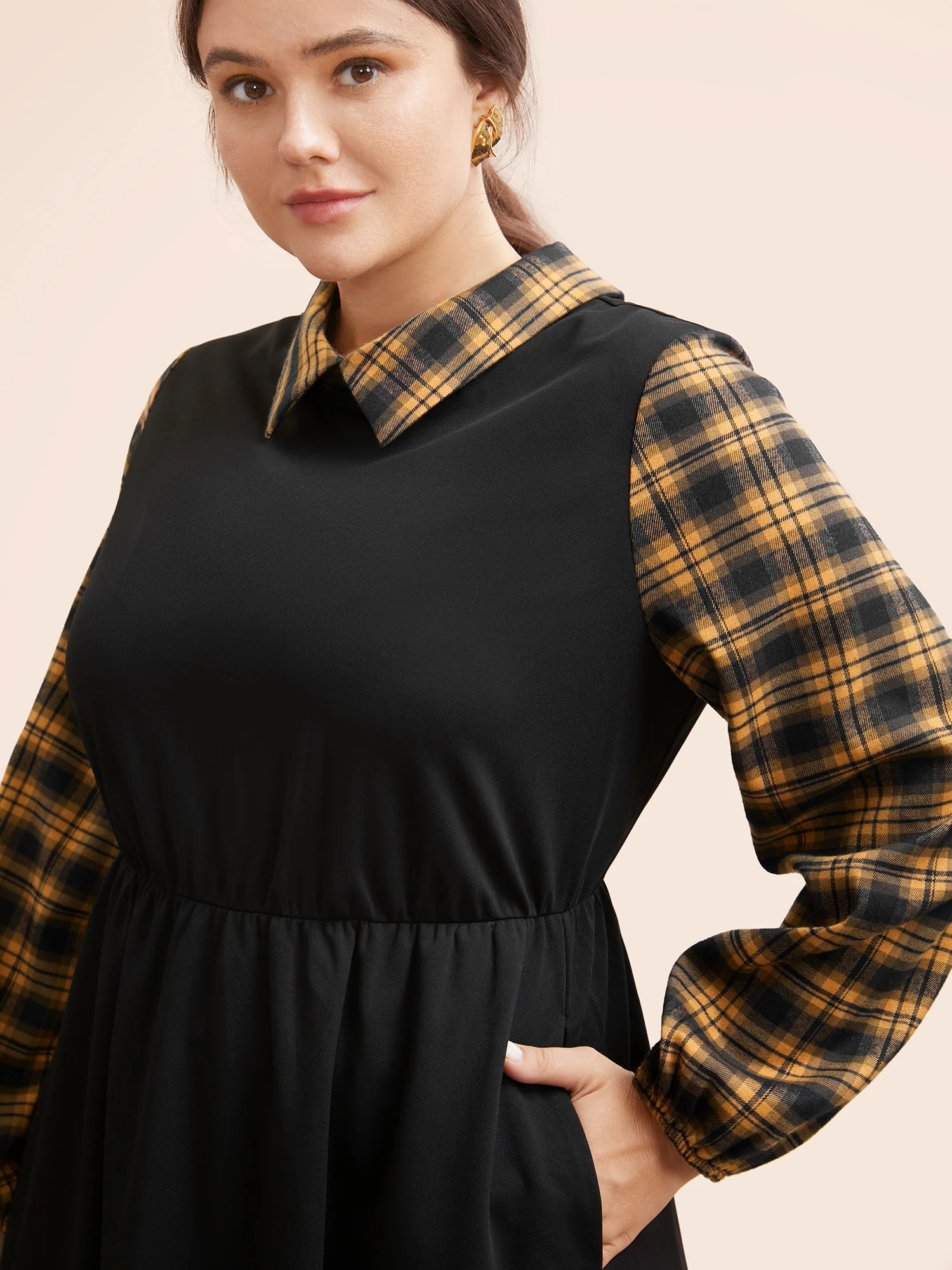 Plaid Patchwork Elastic Waist Midi Dress - Image 4