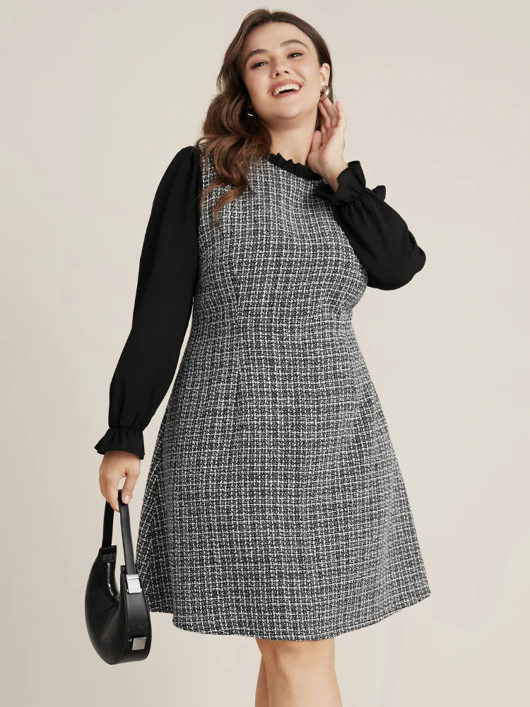 Plaid Patchwork Frill Trim Mock Neck Tweed Dress - Image 2