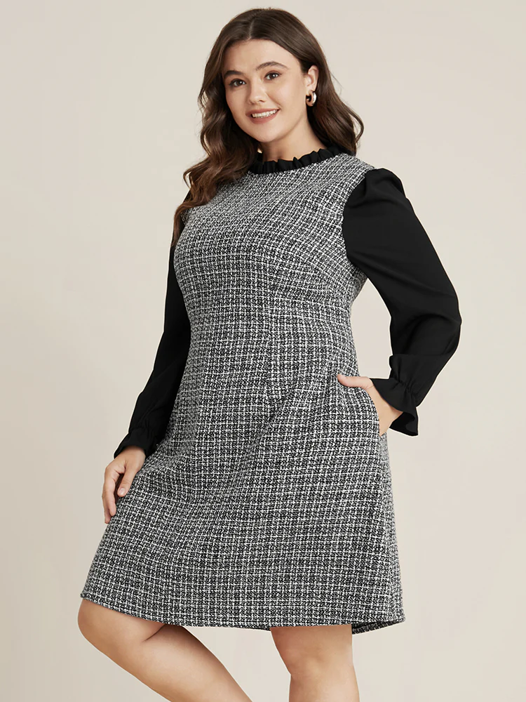 Plaid Patchwork Frill Trim Mock Neck Tweed Dress - Image 4