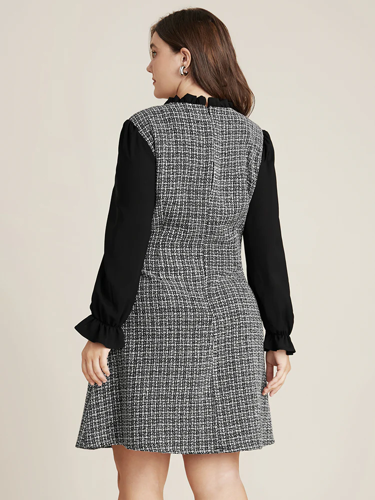 Plaid Patchwork Frill Trim Mock Neck Tweed Dress - Image 5