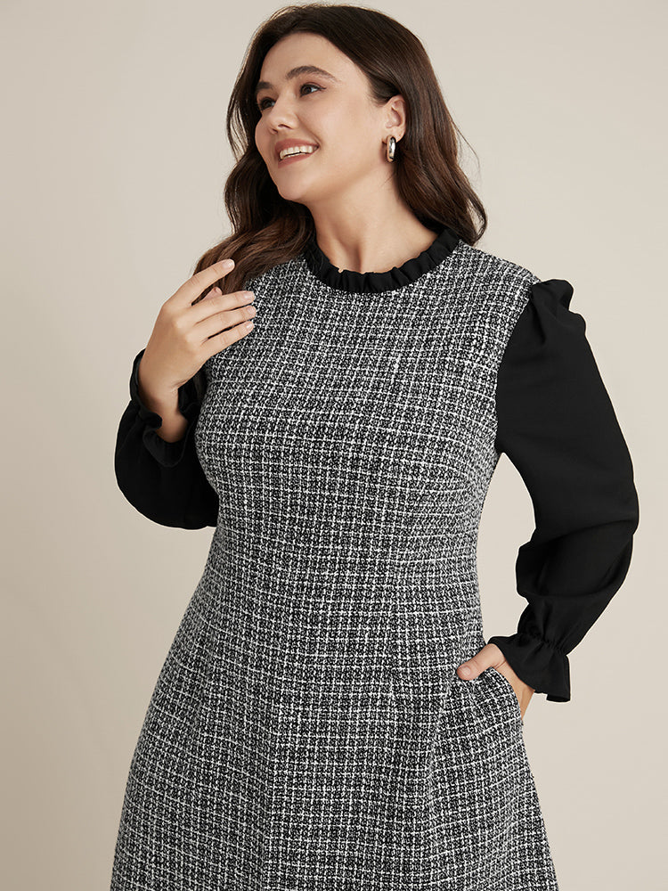 Plaid Patchwork Frill Trim Mock Neck Tweed Dress - Image 6