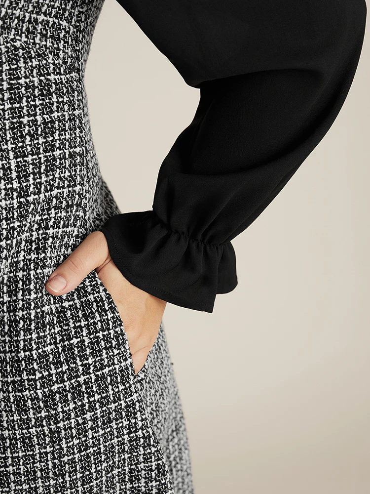 Plaid Patchwork Frill Trim Mock Neck Tweed Dress - Image 8