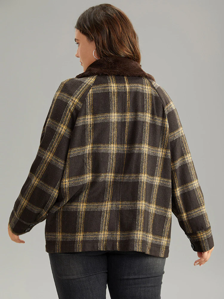 Plaid Patchwork Fuzzy Trim Zipper Fly Coat - Image 2