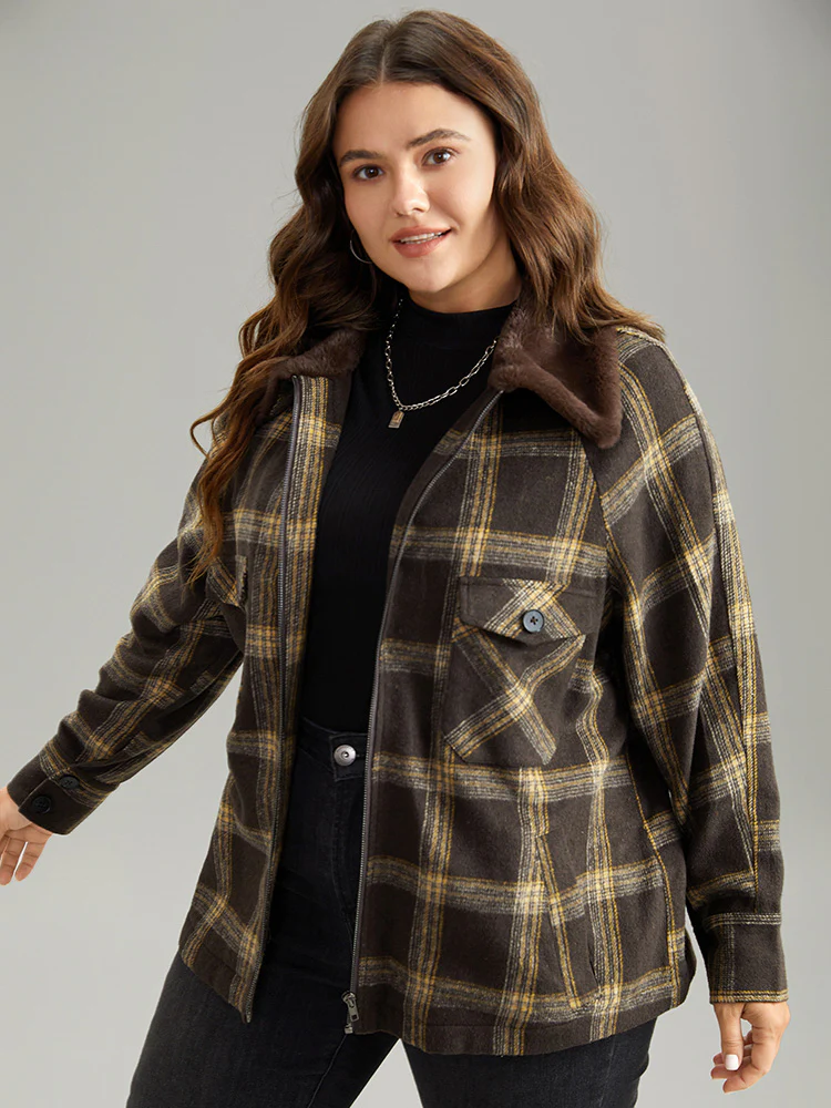 Plaid Patchwork Fuzzy Trim Zipper Fly Coat - Image 3