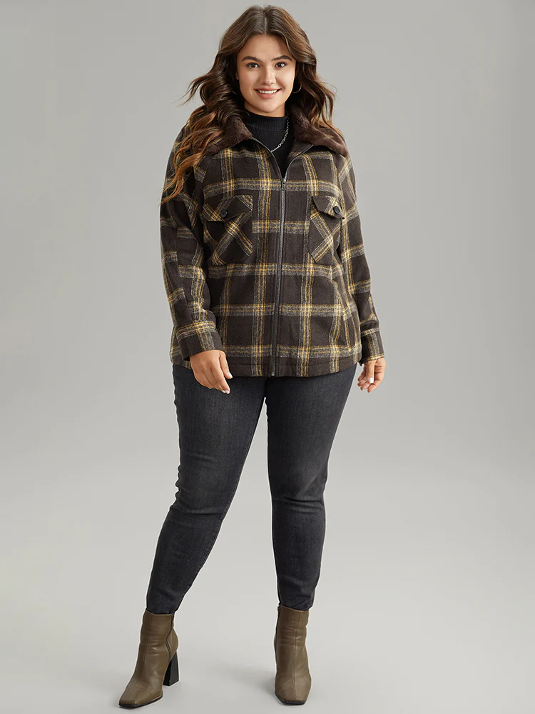 Plaid Patchwork Fuzzy Trim Zipper Fly Coat - Image 4