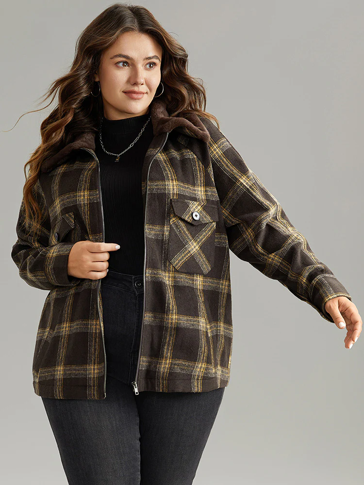 Plaid Patchwork Fuzzy Trim Zipper Fly Coat - Image 5