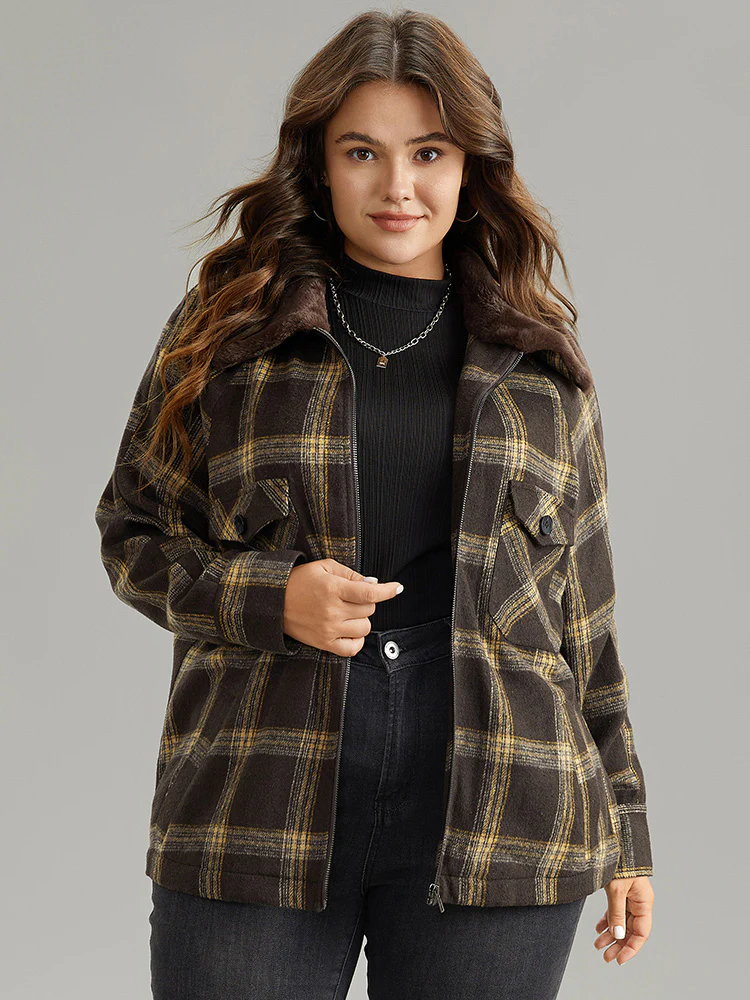 Plaid Patchwork Fuzzy Trim Zipper Fly Coat - Image 6