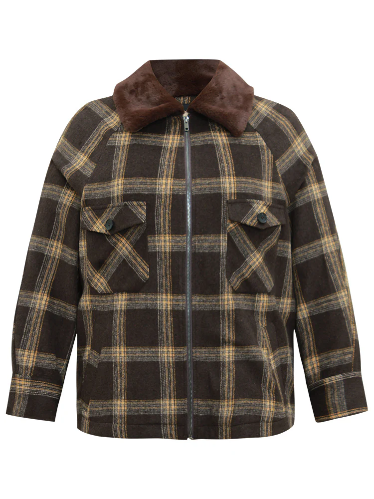 Plaid Patchwork Fuzzy Trim Zipper Fly Coat - Image 9