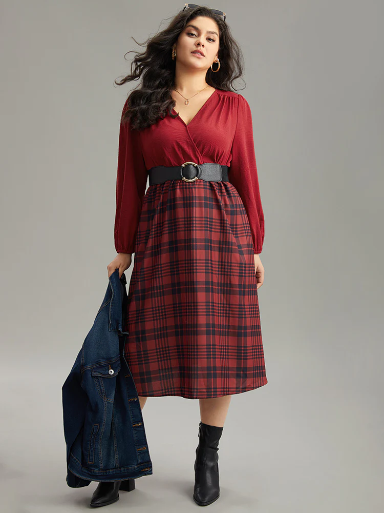 Plaid Patchwork Gathered Lantern Sleeve Dress