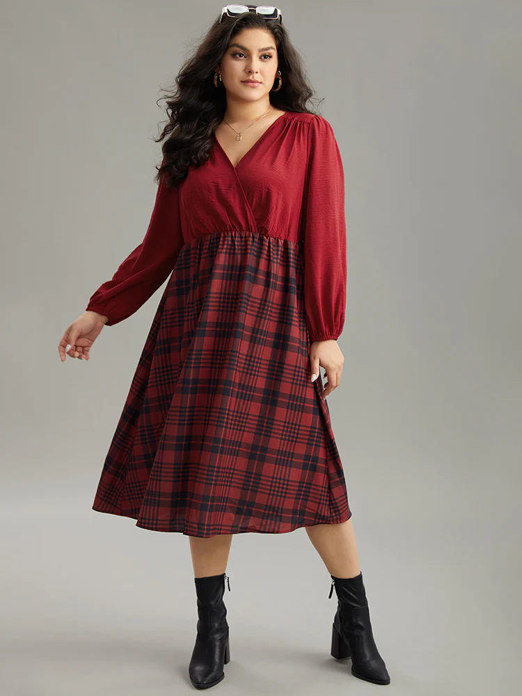 Plaid Patchwork Gathered Lantern Sleeve Dress - Image 2