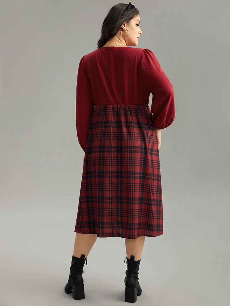 Plaid Patchwork Gathered Lantern Sleeve Dress - Image 3