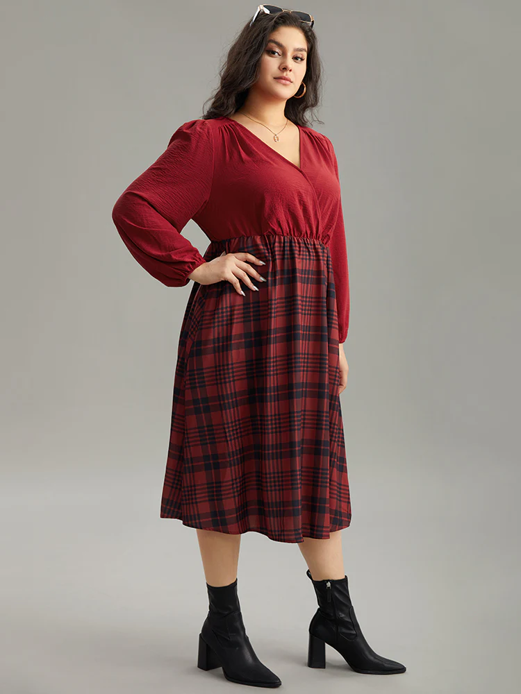 Plaid Patchwork Gathered Lantern Sleeve Dress - Image 4