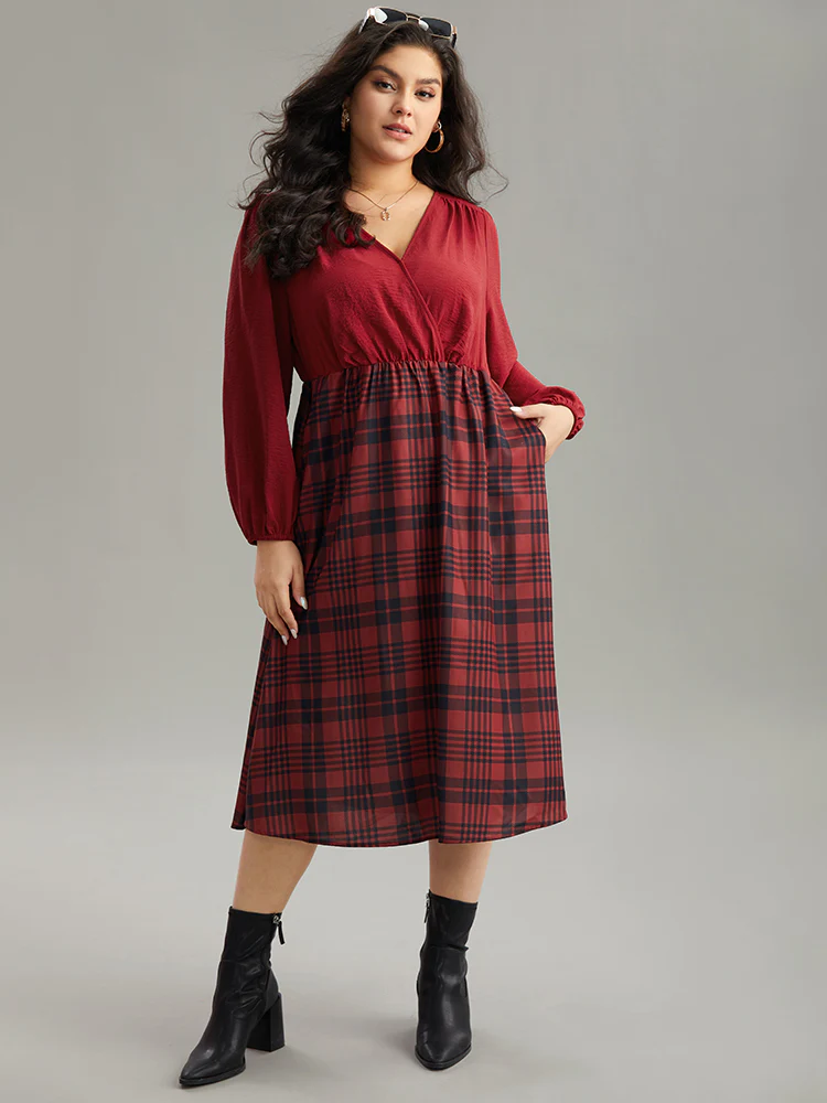 Plaid Patchwork Gathered Lantern Sleeve Dress - Image 5