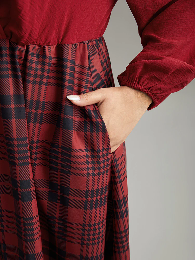 Plaid Patchwork Gathered Lantern Sleeve Dress - Image 8