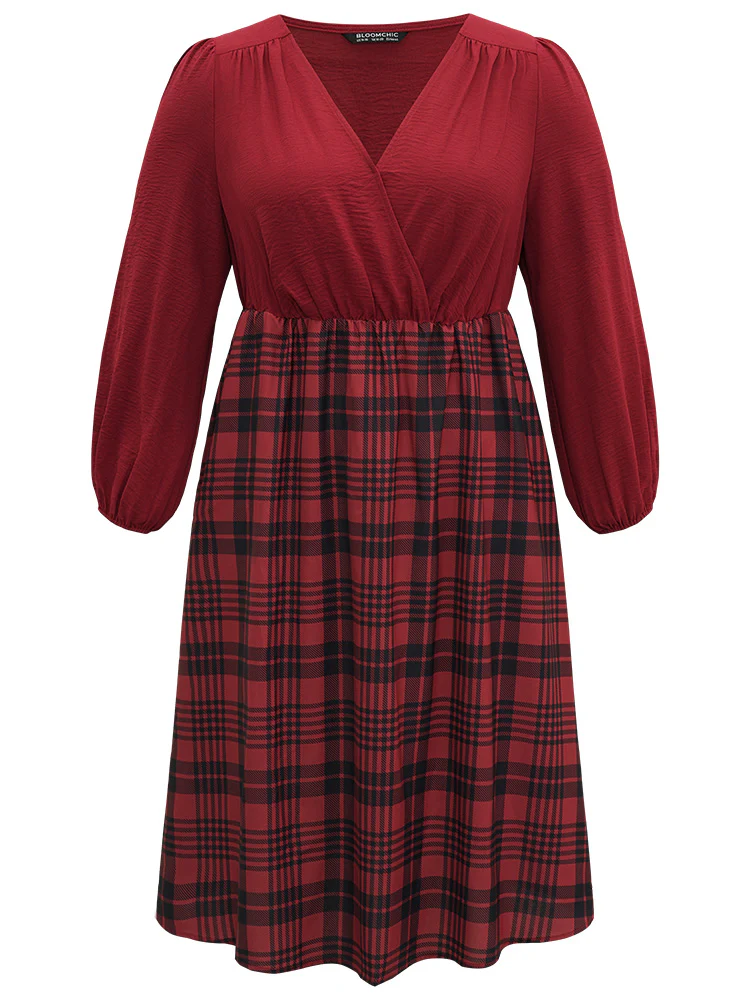 Plaid Patchwork Gathered Lantern Sleeve Dress - Image 9