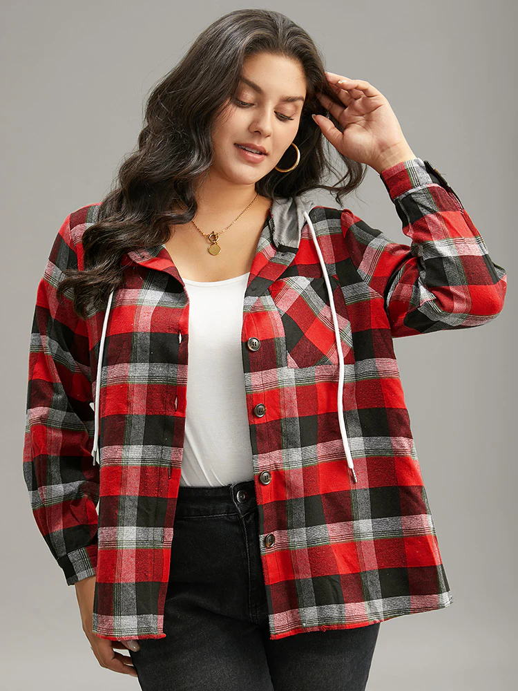 Plaid Patchwork Hooded Drawstring Button Through Jacket - Image 10
