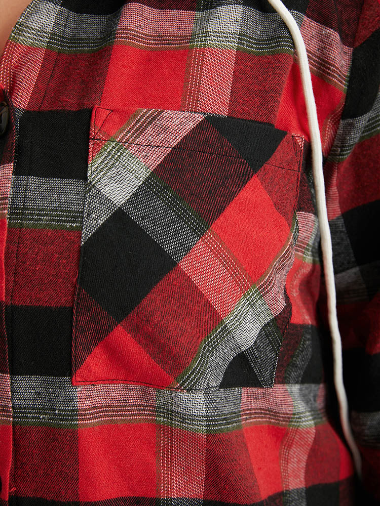 Plaid Patchwork Hooded Drawstring Button Through Jacket - Image 11