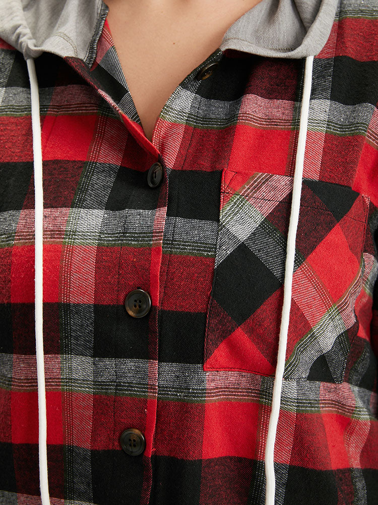 Plaid Patchwork Hooded Drawstring Button Through Jacket - Image 12