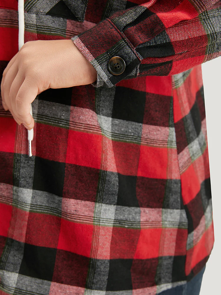 Plaid Patchwork Hooded Drawstring Button Through Jacket - Image 13