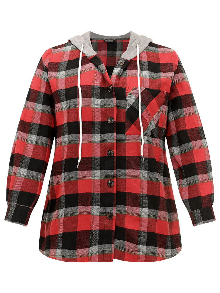 Plaid Patchwork Hooded Drawstring Button Through Jacket - Image 14