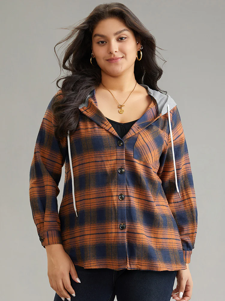 Plaid Patchwork Hooded Drawstring Button Through Jacket - Image 15