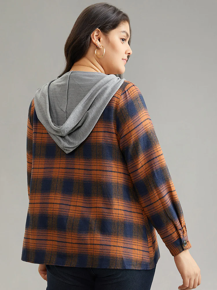 Plaid Patchwork Hooded Drawstring Button Through Jacket - Image 16