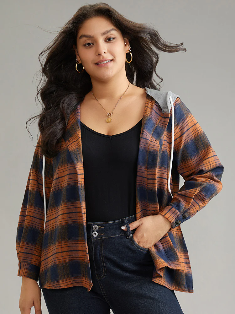 Plaid Patchwork Hooded Drawstring Button Through Jacket - Image 17
