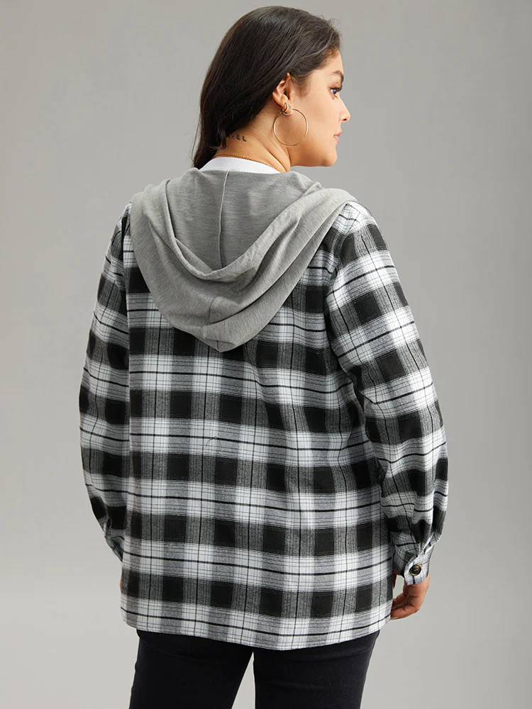 Plaid Patchwork Hooded Drawstring Button Through Jacket - Image 2