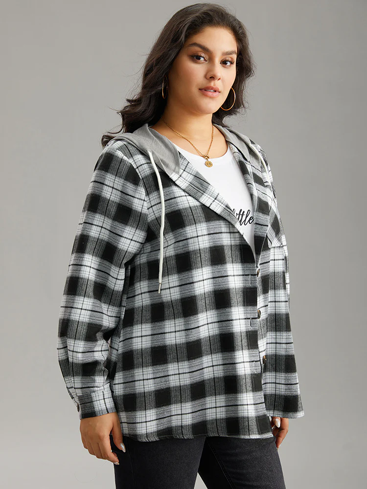 Plaid Patchwork Hooded Drawstring Button Through Jacket - Image 3
