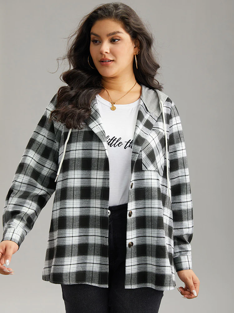 Plaid Patchwork Hooded Drawstring Button Through Jacket - Image 4