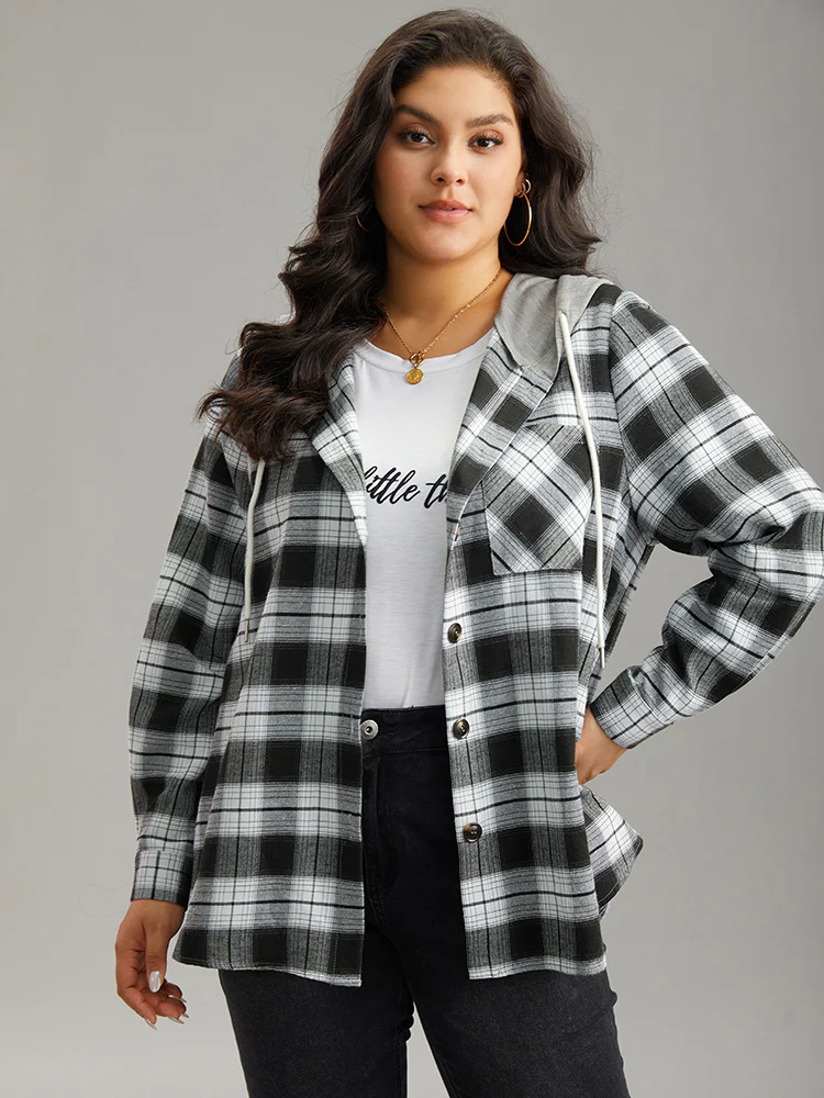 Plaid Patchwork Hooded Drawstring Button Through Jacket - Image 5