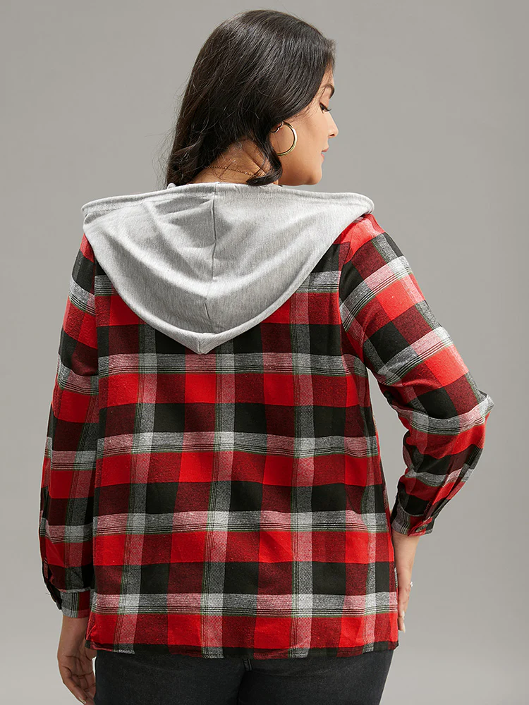 Plaid Patchwork Hooded Drawstring Button Through Jacket - Image 7