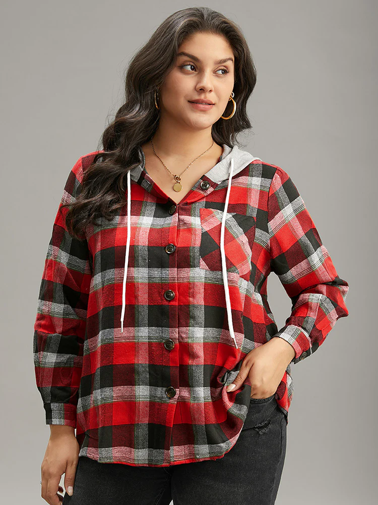 Plaid Patchwork Hooded Drawstring Button Through Jacket - Image 8