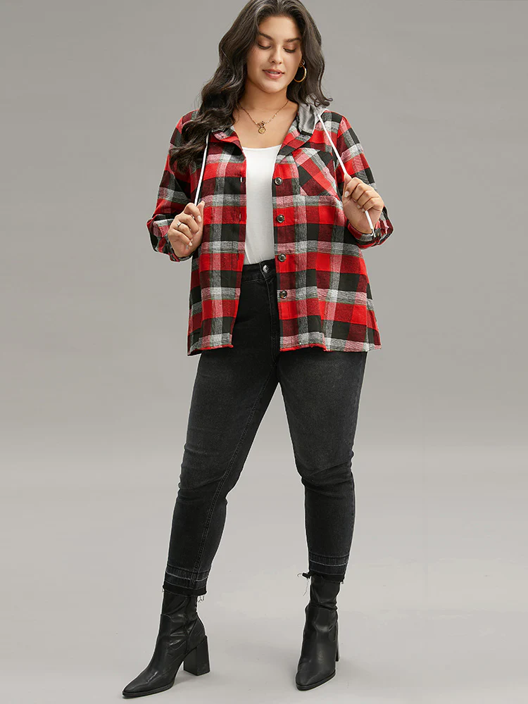 Plaid Patchwork Hooded Drawstring Button Through Jacket - Image 9