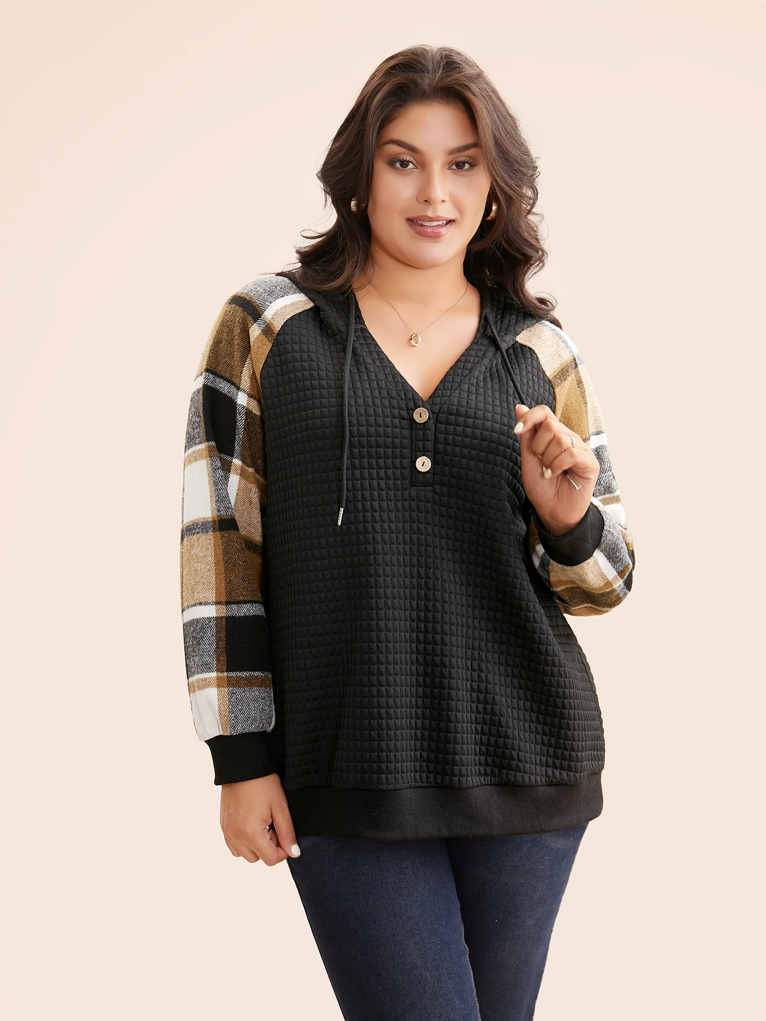 Plaid Patchwork Hooded Raglan Sleeve Sweatshirt - Image 2