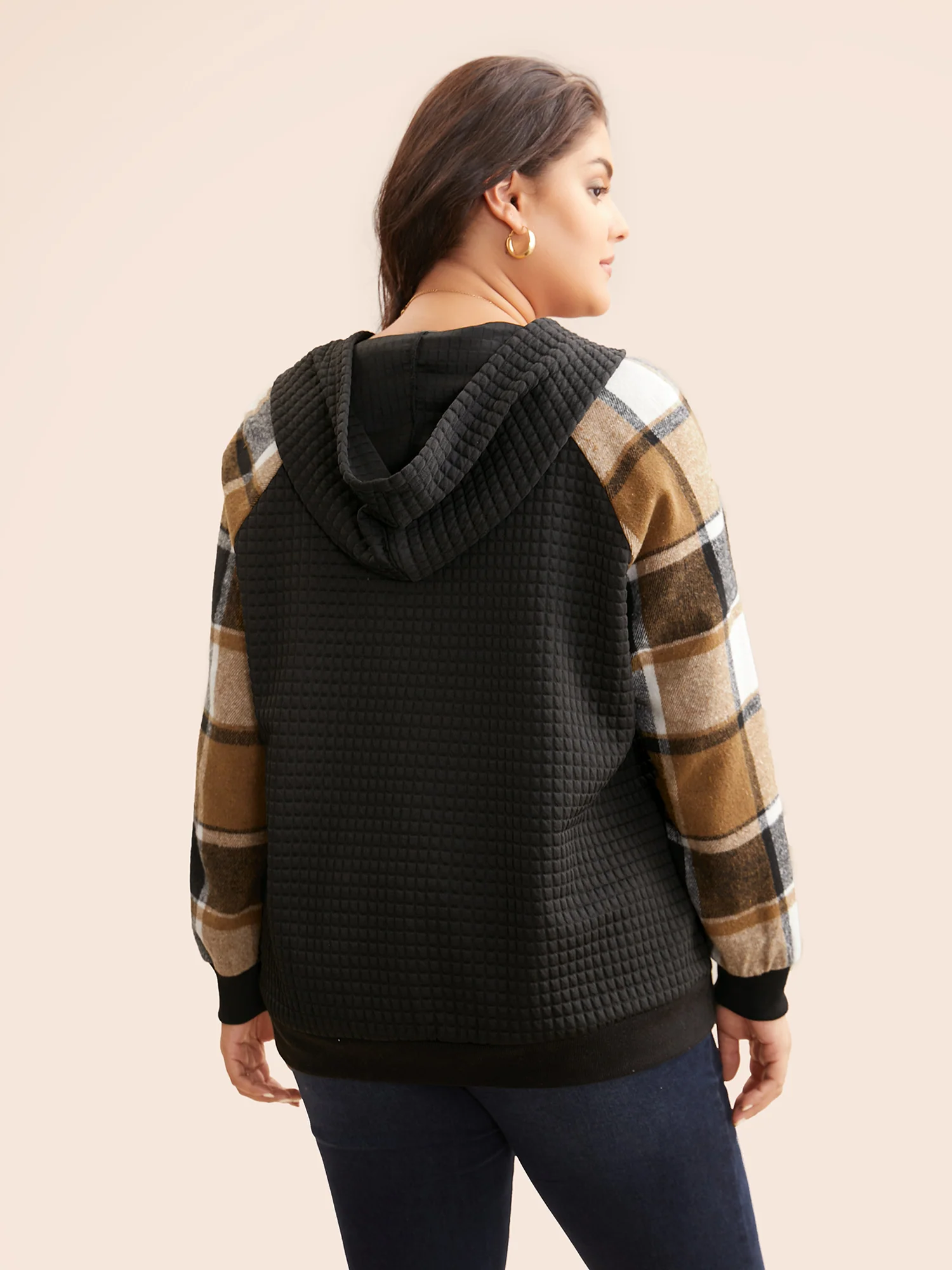 Plaid Patchwork Hooded Raglan Sleeve Sweatshirt - Image 3