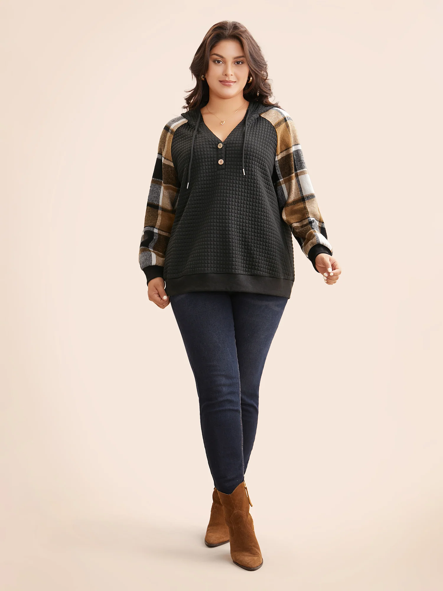 Plaid Patchwork Hooded Raglan Sleeve Sweatshirt - Image 4