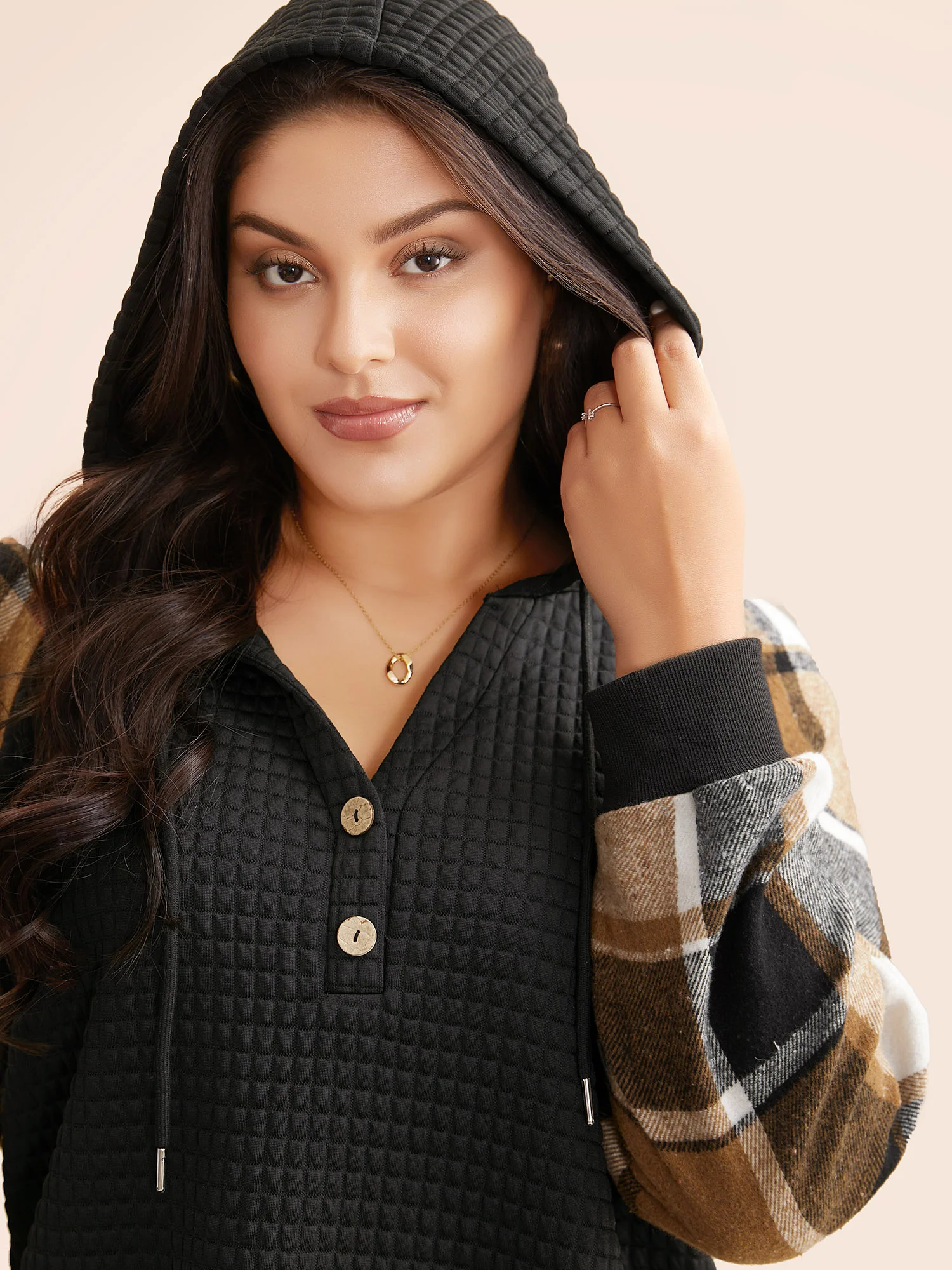 Plaid Patchwork Hooded Raglan Sleeve Sweatshirt - Image 5